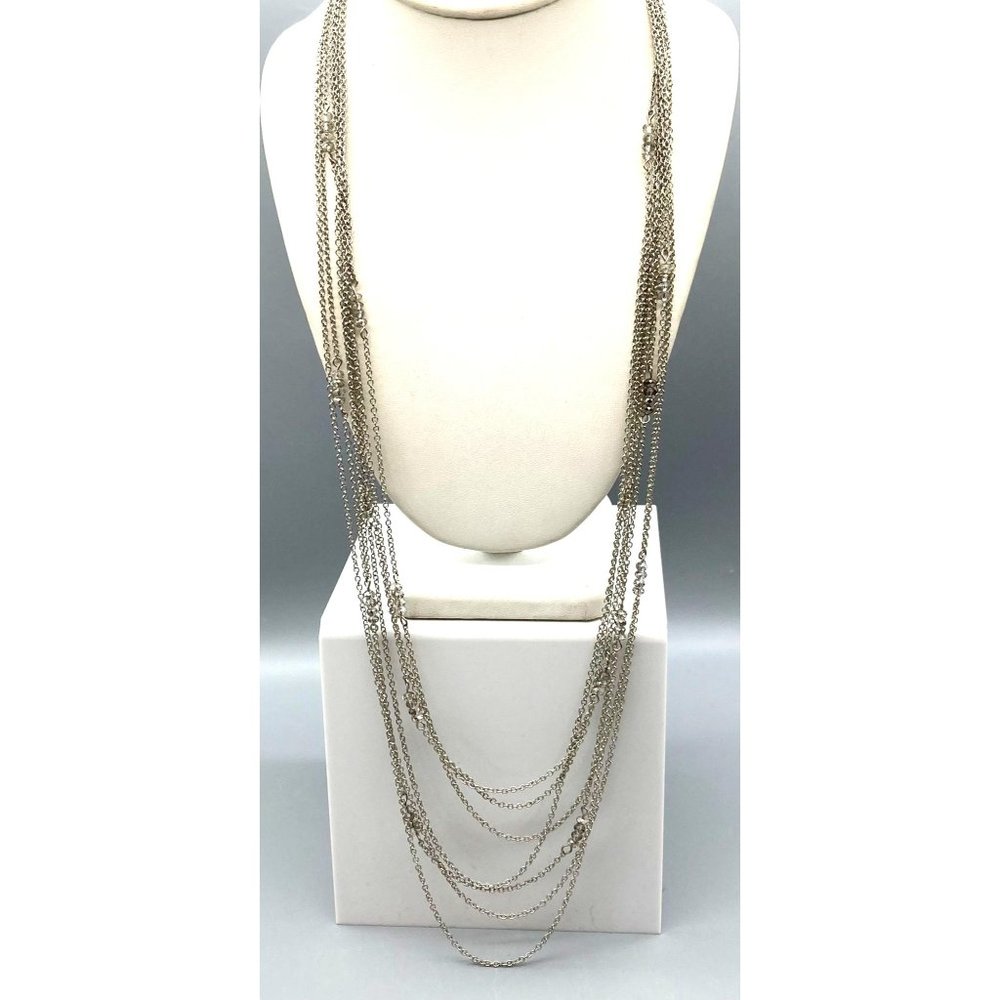 Long Multi Strand Station Necklace, Small Beads on Four Silver Tone Chain Strand